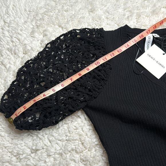 Grace+Karma Black Ribbed Blouse Fun Unique Balloon Sleeve Short Sleeve ZZ19 - Picture 6 of 6